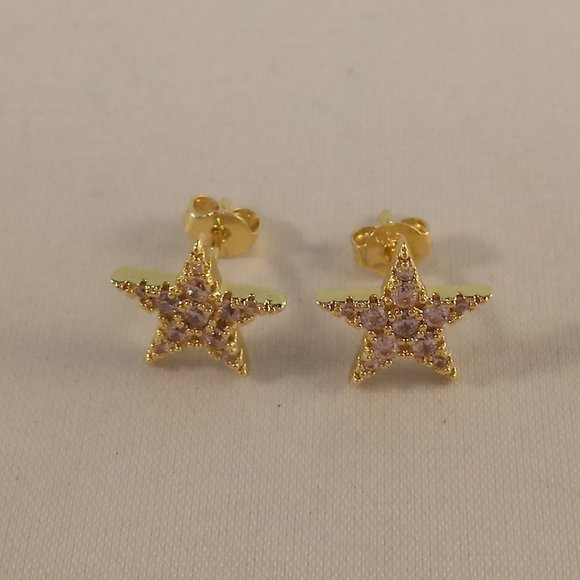 18K Yellow Gold Plated Star Shape Diamond Zircon Stud Earrings Party Gift 12mm - Picture 2 of 6